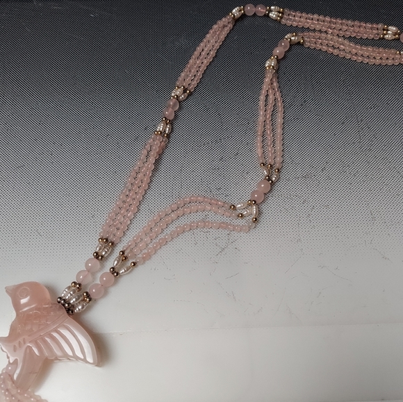 ROSE QUARTZ MCM BEAD NECKLACE BIRD PENDANT 70S - Picture 3 of 4